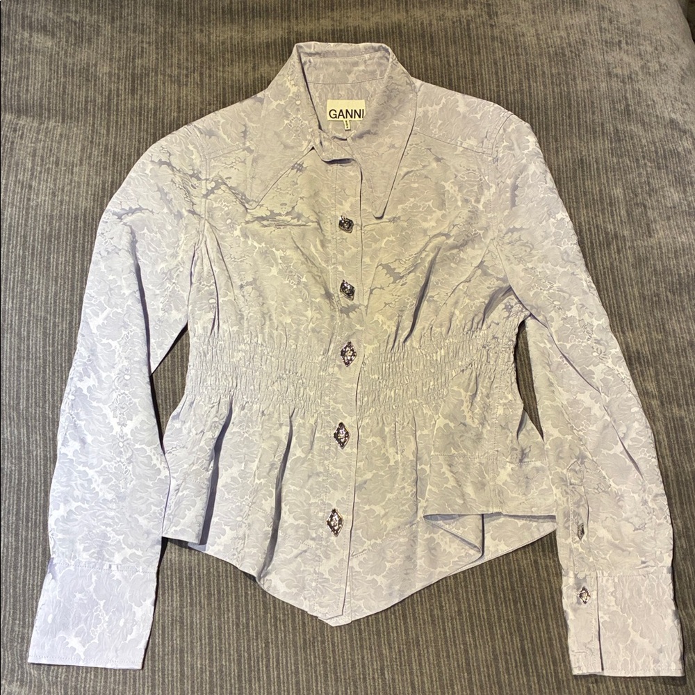 Ganni purple runway button down shirt beautiful size 4 DEFECT: 2 missing buttons